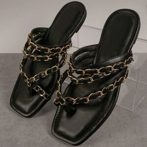 Square Toe Chain Decor Strap Sandals- 10